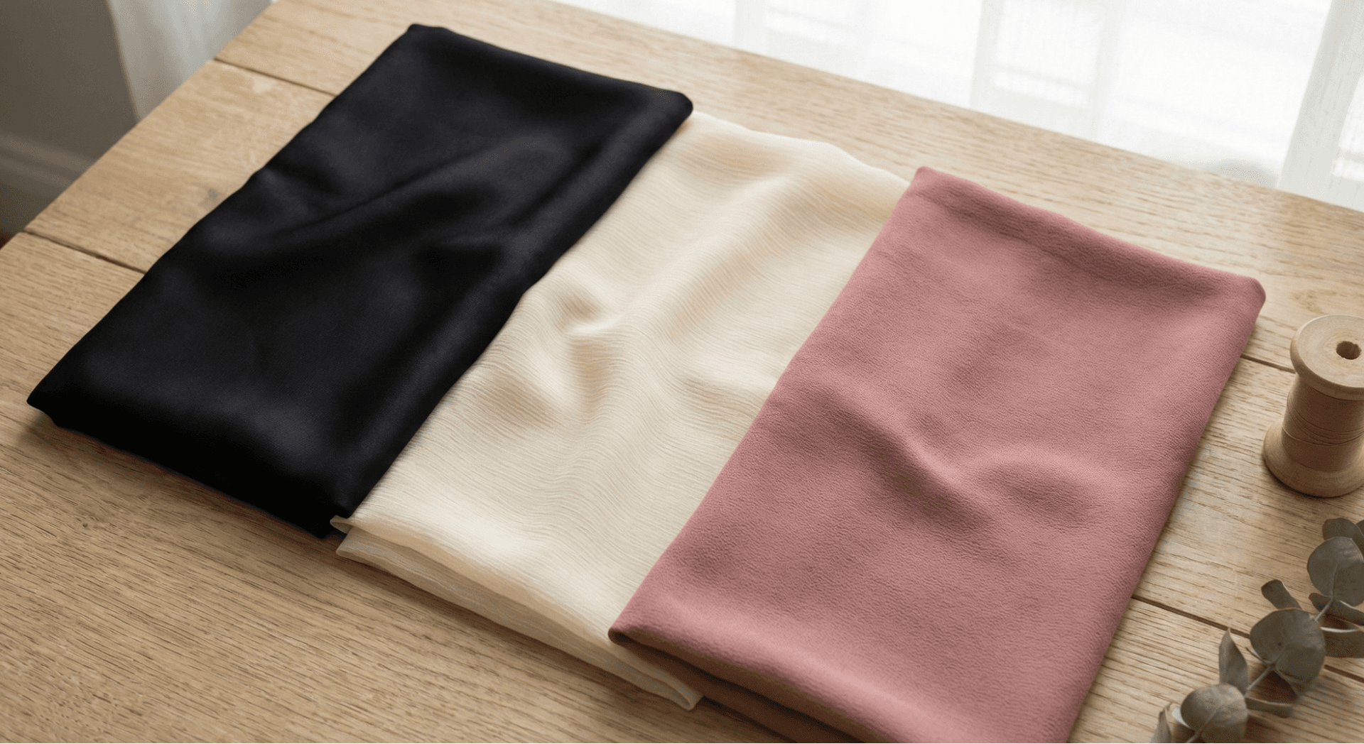 Close-up flat lay of nida, chiffon, and georgette abaya fabrics showing texture, thickness, and weave detail.