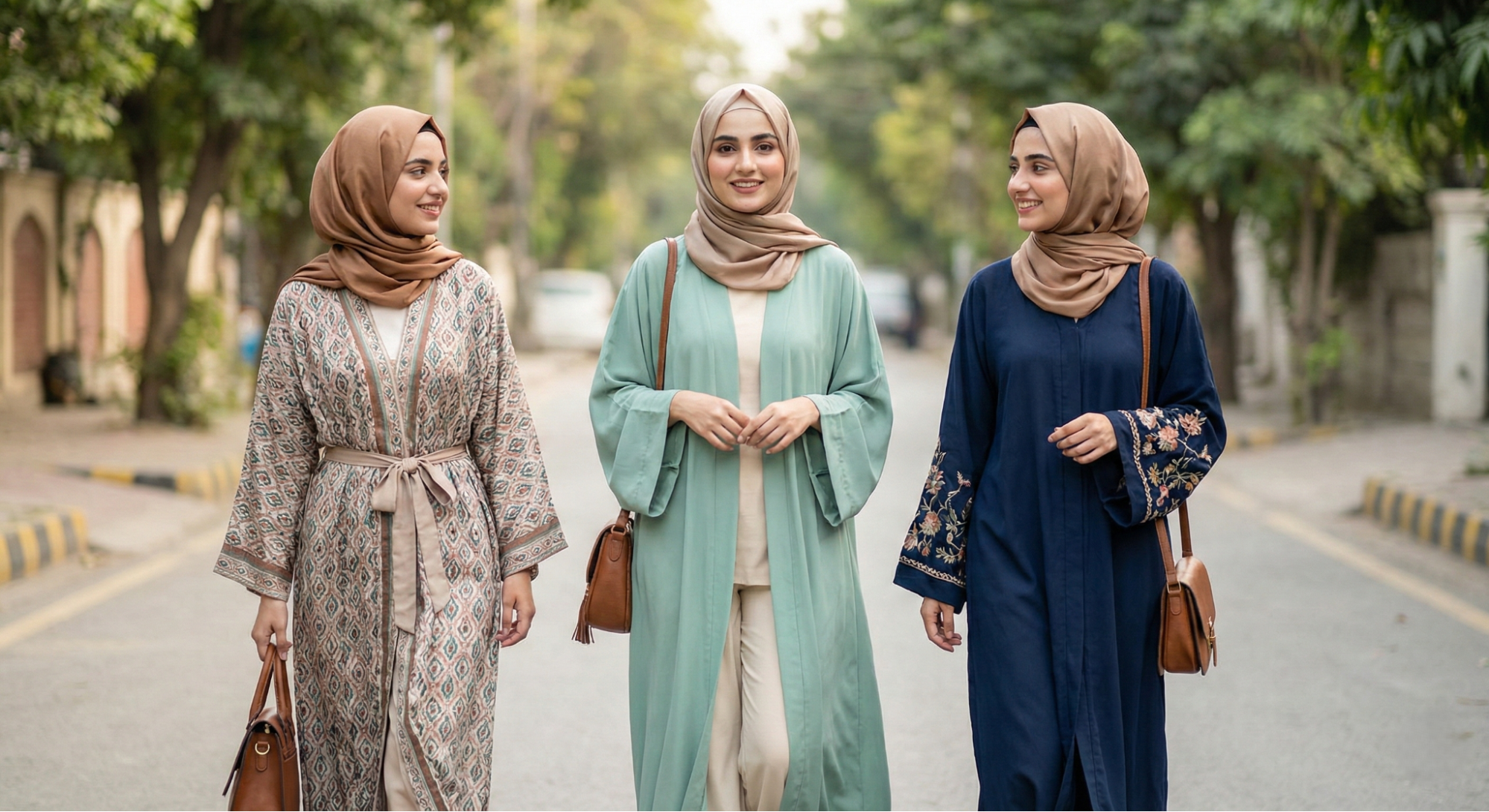 Three Pakistani women in modern abayas with hijabs, urban daytime setting