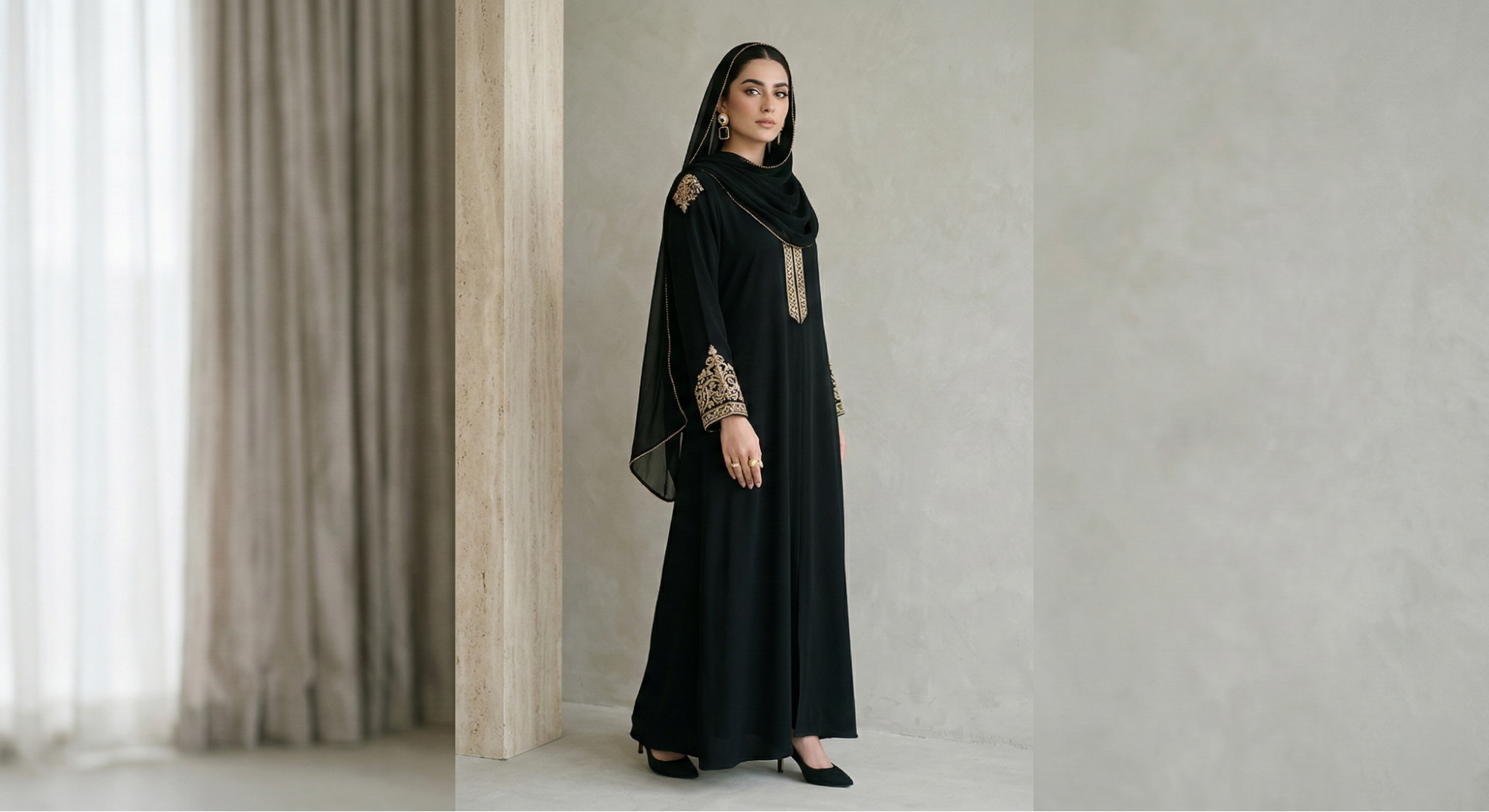 Elegant black abaya by Haya Threads Pakistan, Cotton hijab collection by Hijabians