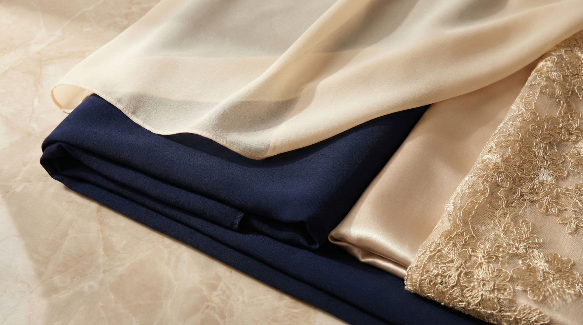 Close-up of Korean nida, chiffon, satin, and lace fabrics for formal abayas.