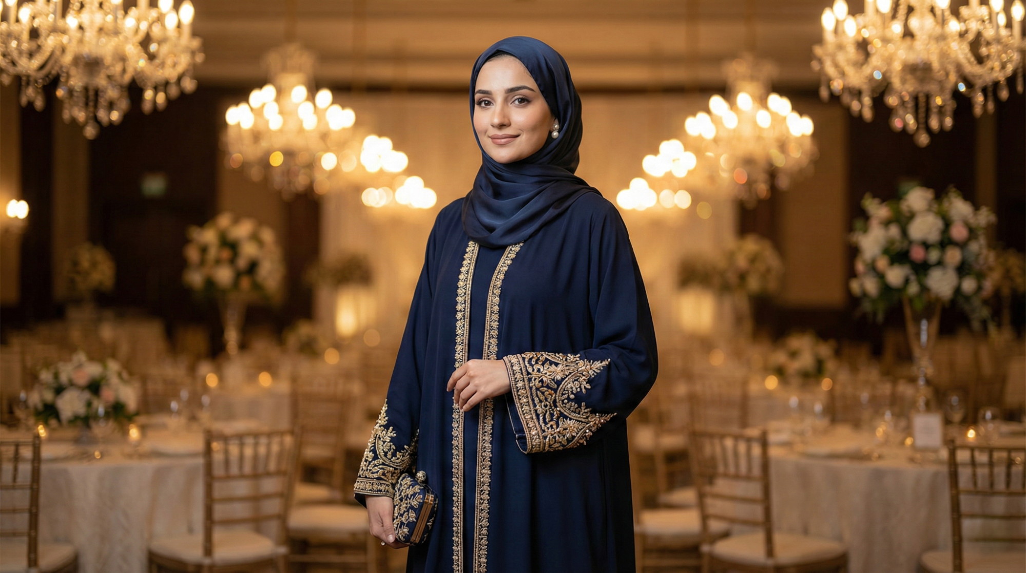 Pakistani woman in embroidered open-front formal abaya at wedding event.